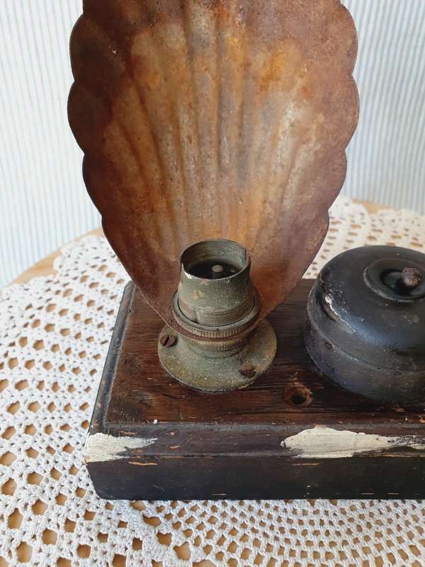Vintage Desk Lamp with Metal Shell Shade & Button on Wooden Board