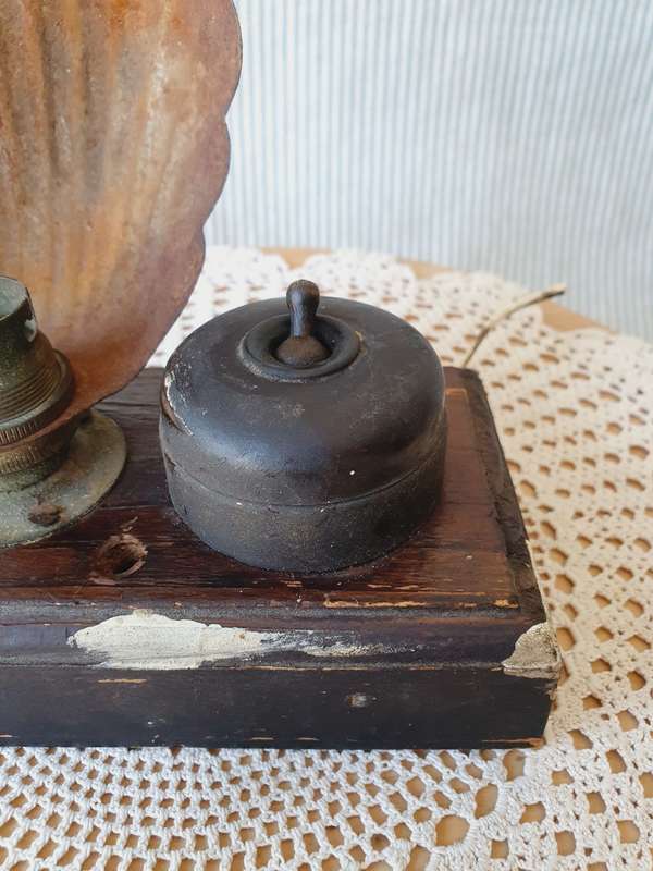 Vintage Desk Lamp with Metal Shell Shade & Button on Wooden Board