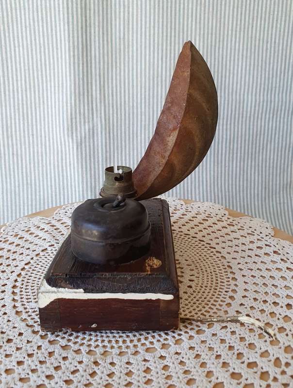 Vintage Desk Lamp with Metal Shell Shade & Button on Wooden Board