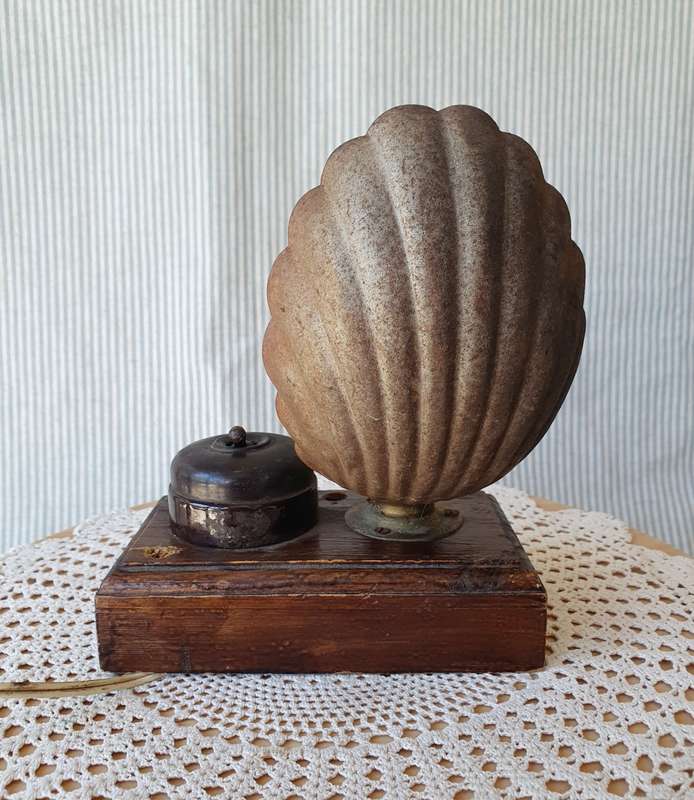 Vintage Desk Lamp with Metal Shell Shade & Button on Wooden Board