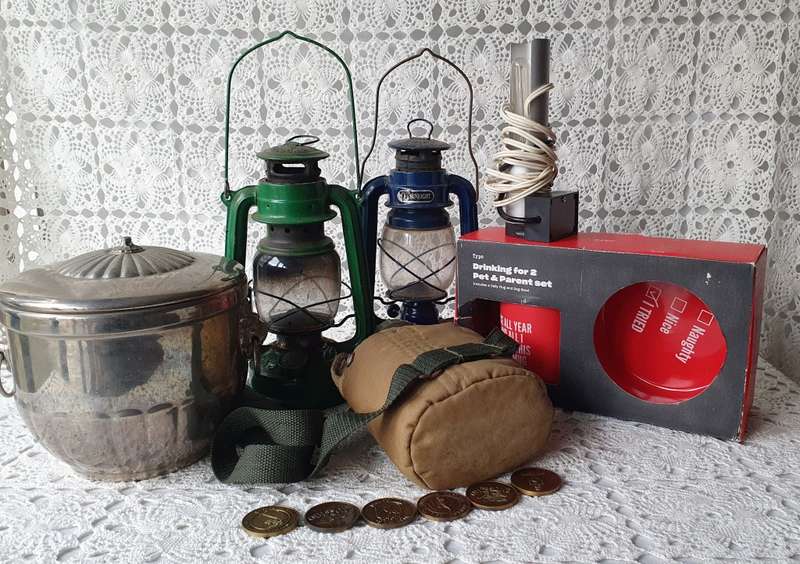 Vintage Ice Bucket, Oil Lantern, Army Water Bottle, Typo Mug & Bowl, Metal Coins and Light