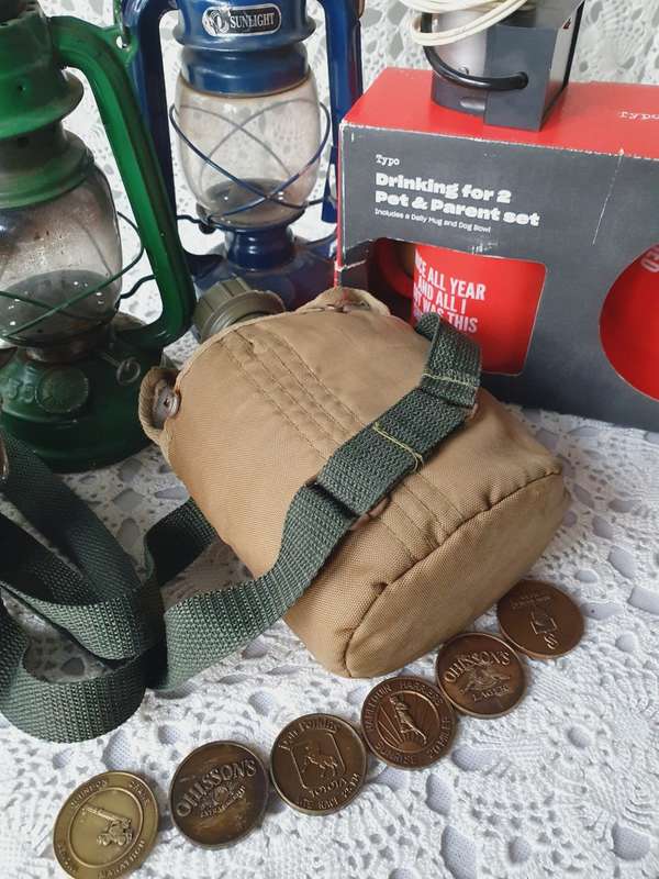 Vintage Ice Bucket, Oil Lantern, Army Water Bottle, Typo Mug & Bowl, Metal Coins and Light