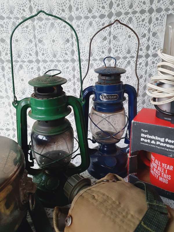 Vintage Ice Bucket, Oil Lantern, Army Water Bottle, Typo Mug & Bowl, Metal Coins and Light