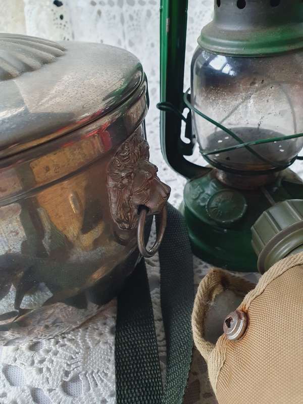 Vintage Ice Bucket, Oil Lantern, Army Water Bottle, Typo Mug & Bowl, Metal Coins and Light