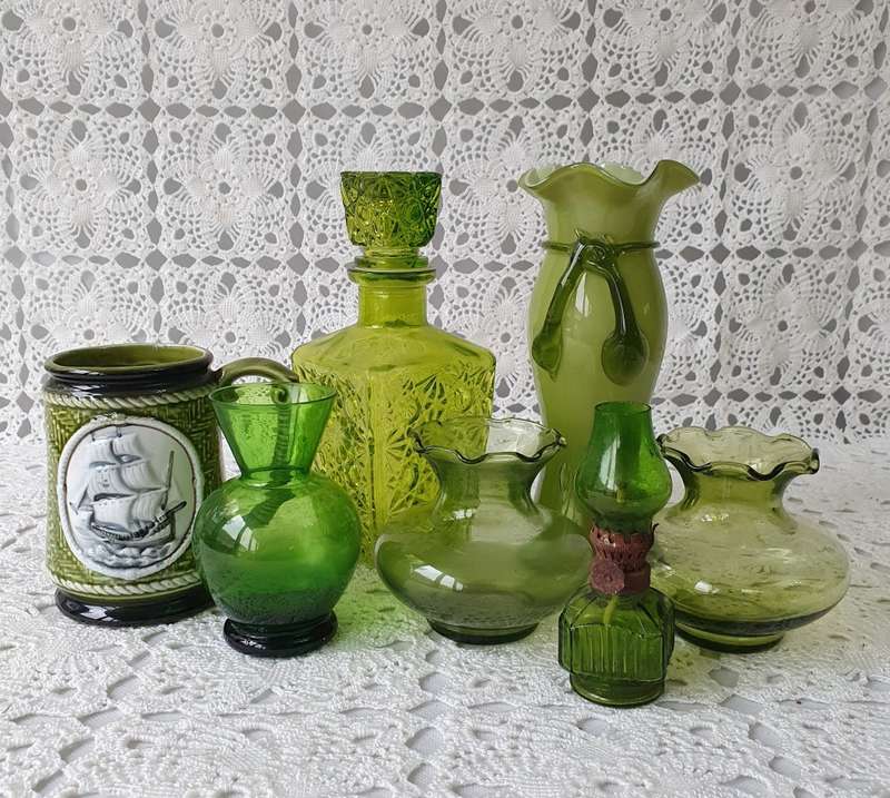 Vintage Green Glassware Collection & Ceramic Beer Mug