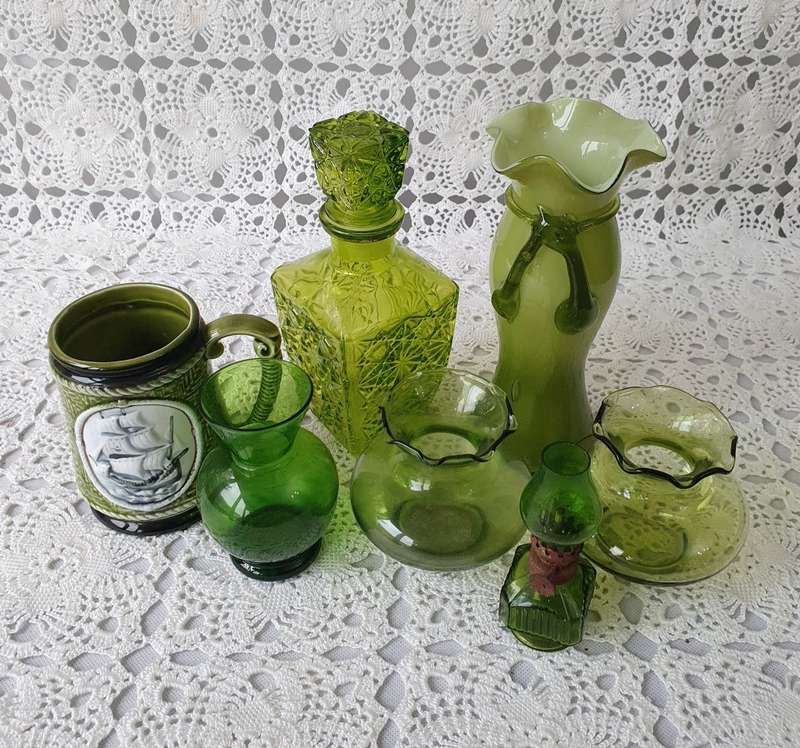 Vintage Green Glassware Collection & Ceramic Beer Mug