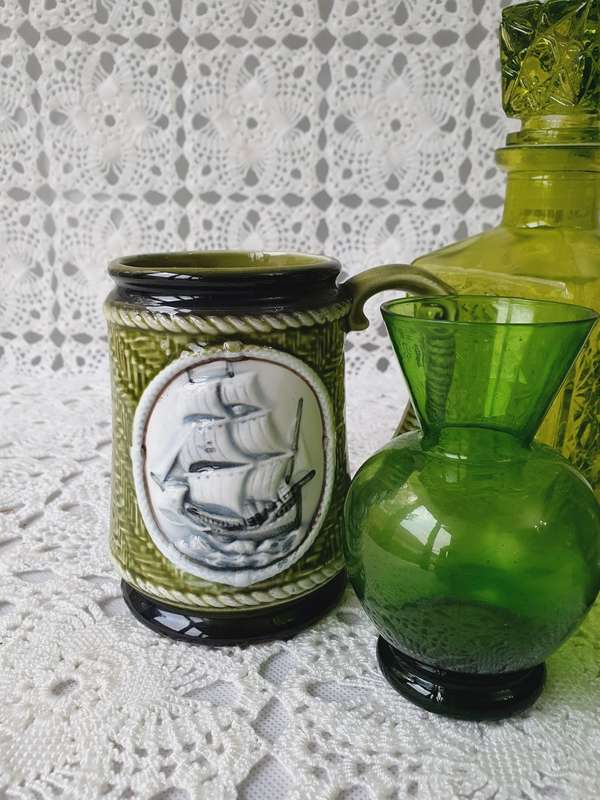 Vintage Green Glassware Collection & Ceramic Beer Mug