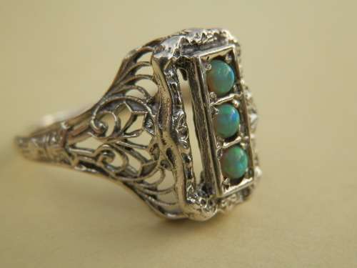 Sterling silver Edwardian style filigree Australian opal ring - thirty (30) days to pay