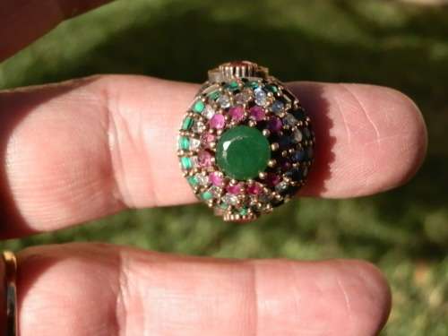 Sterling silver ruby, emerald and topaz ring, 13.8 g.