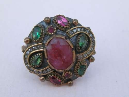 Sterling silver ruby and emerald ring, 14.3 g.