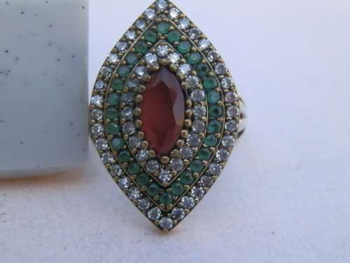 Sterling silver ruby, emerald and topaz ring, 8.4 g.