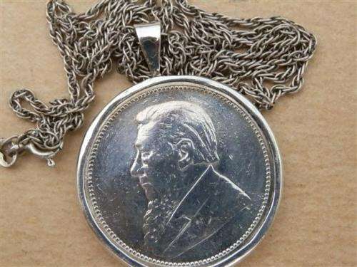 Antique 1896  Kruger 2 shilling coin sterling silver pendant on rope chain - weight 19.15 g.