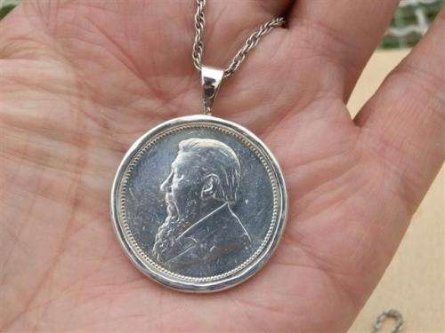 Antique 1896  Kruger 2 shilling coin sterling silver pendant on rope chain - weight 19.15 g.