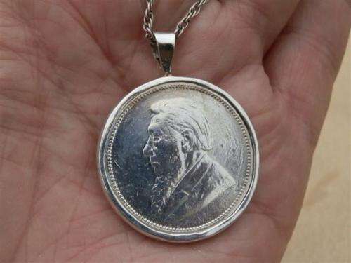 Antique 1896  Kruger 2 shilling coin sterling silver pendant on rope chain - weight 19.15 g.