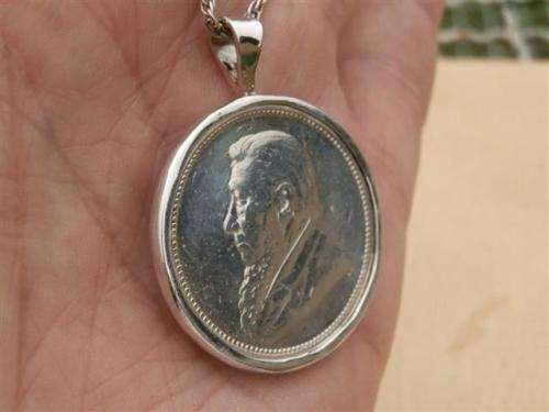Antique 1896  Kruger 2 shilling coin sterling silver pendant on rope chain - weight 19.15 g.