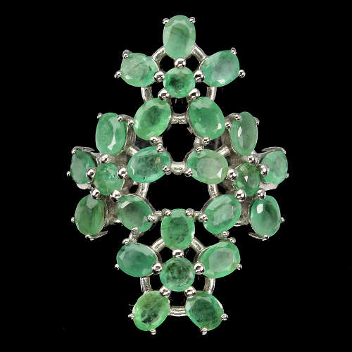 Spectacular solid sterling silver 14 ct white gold finish ring with 24 natural emeralds.