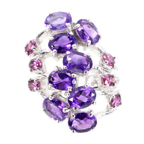 Alluring natural Amethyst and Garnet ring - 14 ct white gold over solid sterling silver
