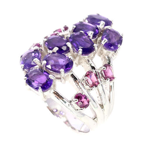Alluring natural Amethyst and Garnet ring - 14 ct white gold over solid sterling silver