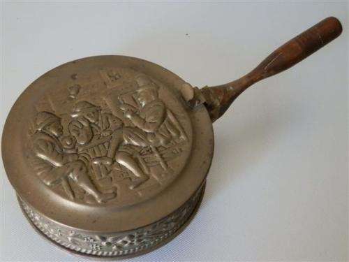 Vintage Embossed Yellow Copper Wood Handled Silent Butler with Lid