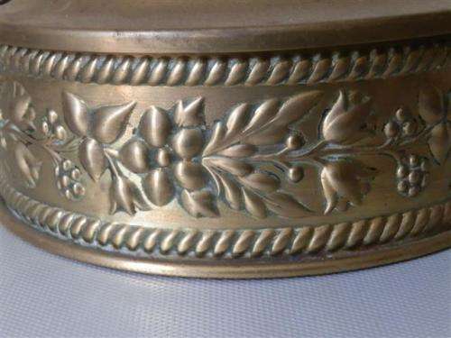 Vintage Embossed Yellow Copper Wood Handled Silent Butler with Lid