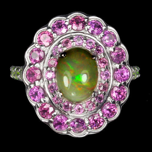 Smashing NATURAL Fire Opal and Garnet cluster ring - SOLID 14 ct white gold over sterling silver