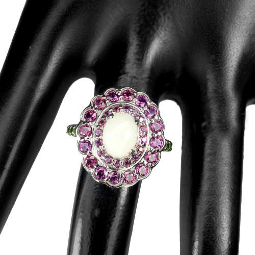 Smashing NATURAL Fire Opal and Garnet cluster ring - SOLID 14 ct white gold over sterling silver