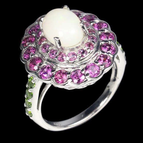 Smashing NATURAL Fire Opal and Garnet cluster ring - SOLID 14 ct white gold over sterling silver