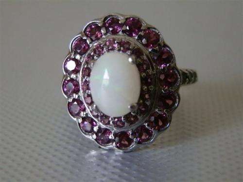 Smashing NATURAL Fire Opal and Garnet cluster ring - SOLID 14 ct white gold over sterling silver