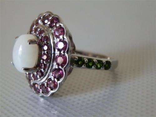 Smashing NATURAL Fire Opal and Garnet cluster ring - SOLID 14 ct white gold over sterling silver
