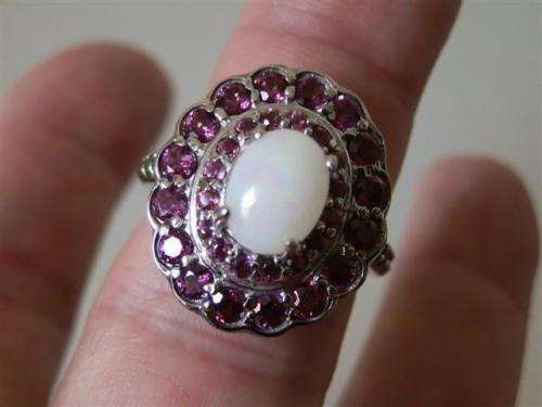 Smashing NATURAL Fire Opal and Garnet cluster ring - SOLID 14 ct white gold over sterling silver