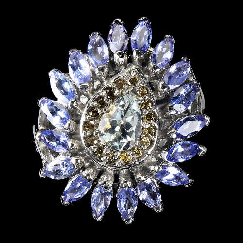 Smashing Solid 925 Silver Natural Tanzanite, Aquamarine and Sapphire Ring - weight 9.35 g
