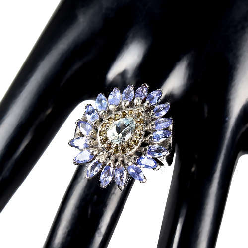Smashing Solid 925 Silver Natural Tanzanite, Aquamarine and Sapphire Ring - weight 9.35 g