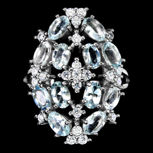 Sparkling Solid Sterling Silver Natural Aquamarine Cluster Ring
