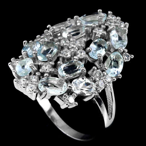 Sparkling Solid Sterling Silver Natural Aquamarine Cluster Ring
