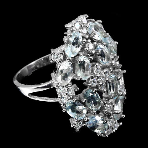 Sparkling Solid Sterling Silver Natural Aquamarine Cluster Ring