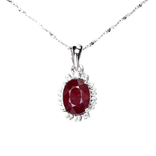Sparkling Solid Sterling Silver Natural Top Blood Red Ruby and White Topaz Necklace
