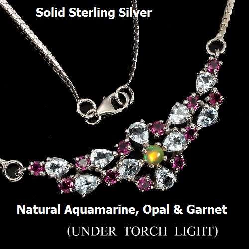Magnificent Solid Sterling Silver Natural Aquamarine, Opal and Garnet Necklace - weight 9.98 g