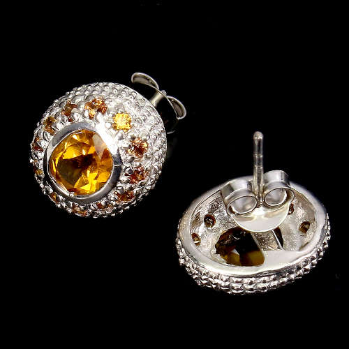 Spectacular Natural Earth Mind Citrine and Sapphire Solid Sterling Silver 14 ct White Gold Earrings