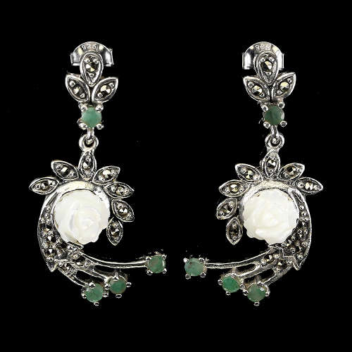 Marvelous Solid Sterling Silver Natural Emerald Earrings - weight 9.18 g.