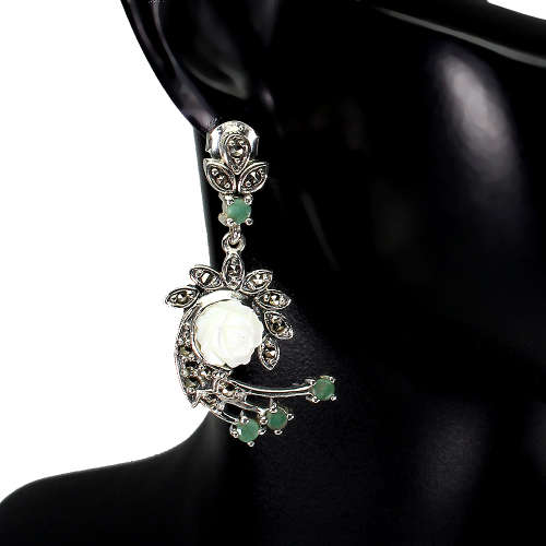 Marvelous Solid Sterling Silver Natural Emerald Earrings - weight 9.18 g.