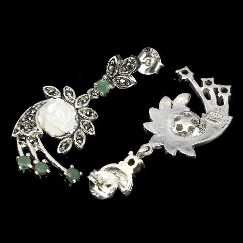 Marvelous Solid Sterling Silver Natural Emerald Earrings - weight 9.18 g.