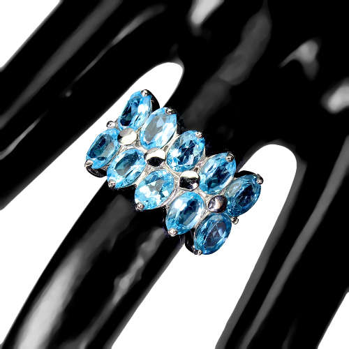 Earth Mined 5.7 ct Blue Topaz Ring in Solid 925 Silver 14 ct White Gold Ring, no Tarnish - 8.07 g