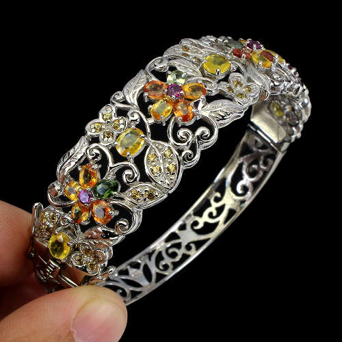 Natural 8 ct Sapphire Solid Sterling Silver Bangle with 14 ct White Gold, no Tarnish, weight 23.58 g