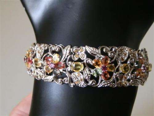 Natural 8 ct Sapphire Solid Sterling Silver Bangle with 14 ct White Gold, no Tarnish, weight 23.58 g