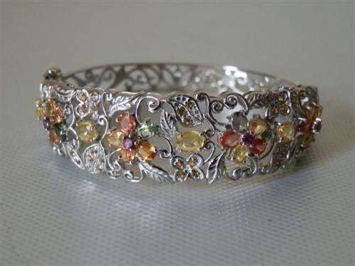 Natural 8 ct Sapphire Solid Sterling Silver Bangle with 14 ct White Gold, no Tarnish, weight 23.58 g