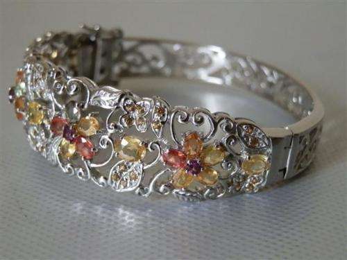 Natural 8 ct Sapphire Solid Sterling Silver Bangle with 14 ct White Gold, no Tarnish, weight 23.58 g
