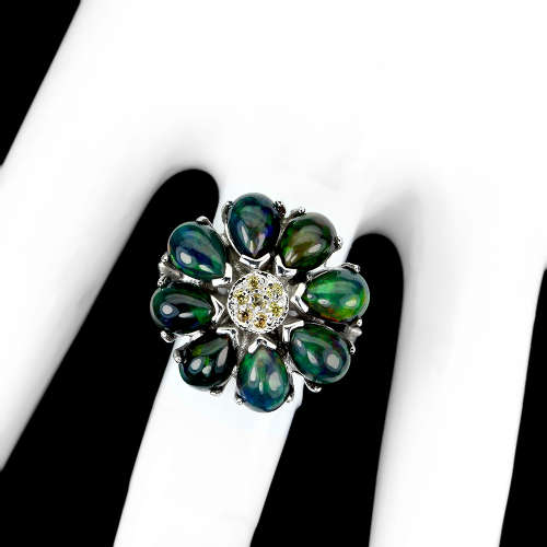 Exquisite Solid Sterling Silver 3 ct Natural Ethiopia Black Opal and Sapphire Ring - weight 8.51 g