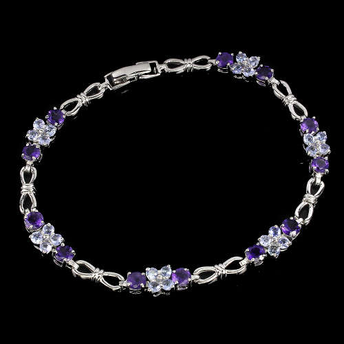 Elegant 4 ct Natural Amethyst and Tanzanite Solid Sterling Silver Bracelet - weight 10.66 g