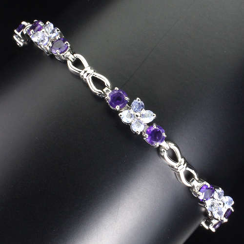 Elegant 4 ct Natural Amethyst and Tanzanite Solid Sterling Silver Bracelet - weight 10.66 g