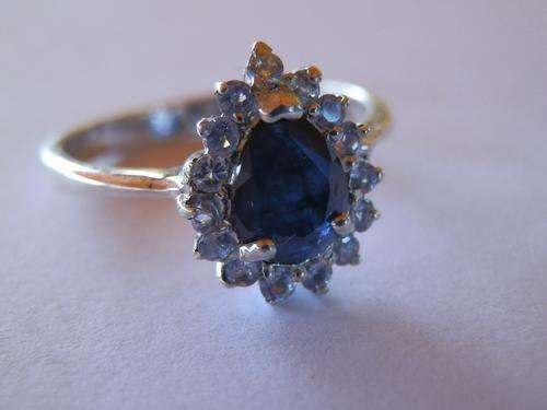Sterling silver blue sapphire and white topaz cluster ring - shipping R35 insured